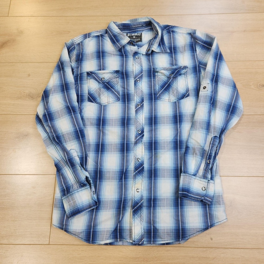 Skully Shirt Mens Medium Blue Plaid Snap Front Long Sleeve Casual Lightweight